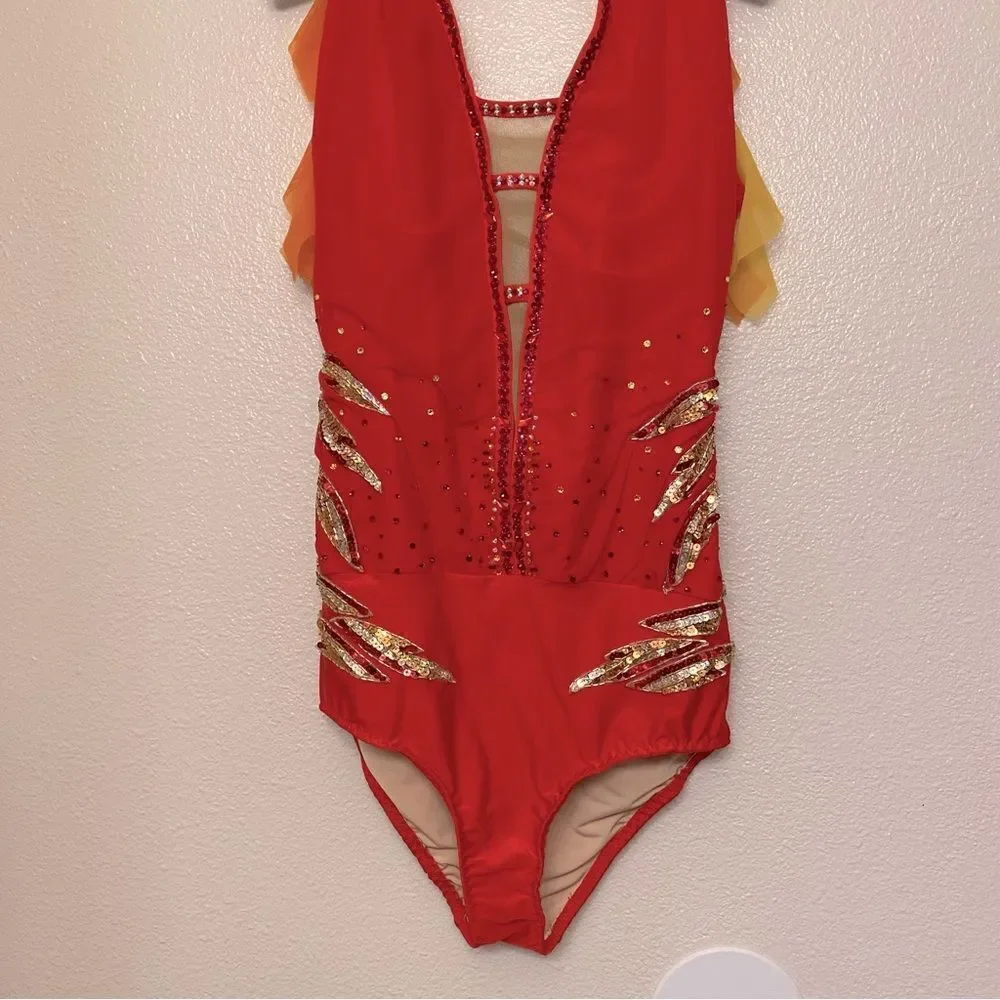 Fire flame Custom Solo lyrical embellished rhinestone Dance Costume LA adult